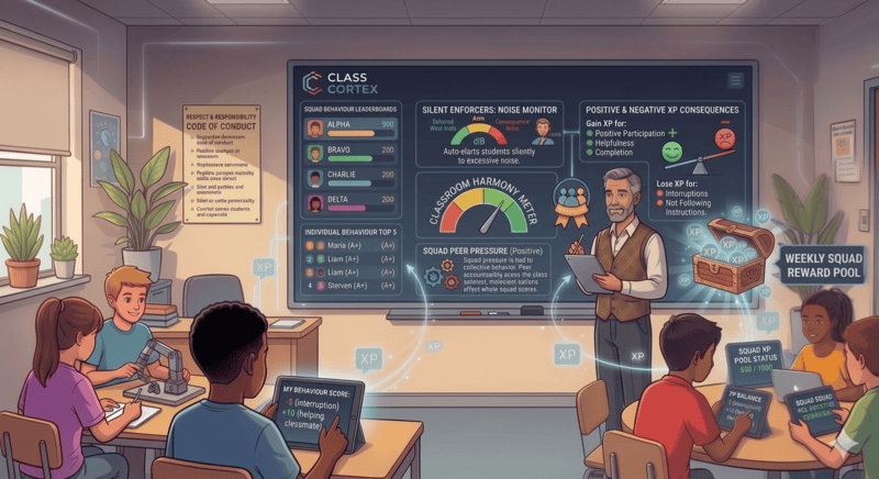 Classroom behaviour management strategies for secondary teachers showing silent XP consequence system and automated noise monitor on smartboard