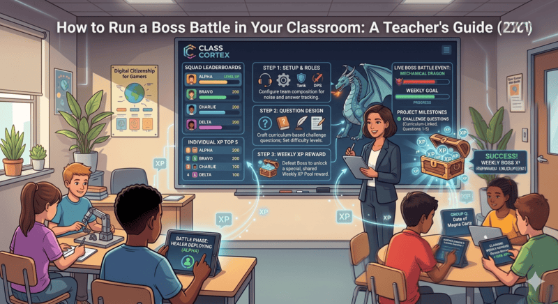Teacher running a live multiplayer Boss Battle classroom game with students answering on their own devices via QR code