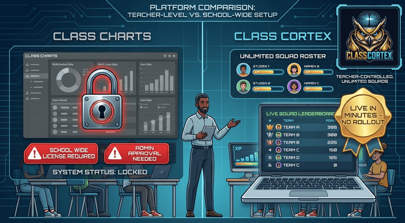 Class Charts alternative comparison showing Class Cortex features against Class Charts whole school licensing model
