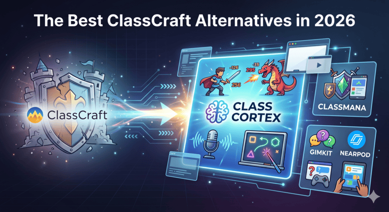 Comparison of the best ClassCraft alternatives for teachers in 2026 showing Class Cortex, ClassMana and Gimkit side by side