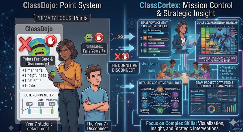 Comparison of ClassDojo and Class Cortex showing why ClassDojo fails for secondary teachers in Year 7 and above while Class Cortex delivers gamified classroom management