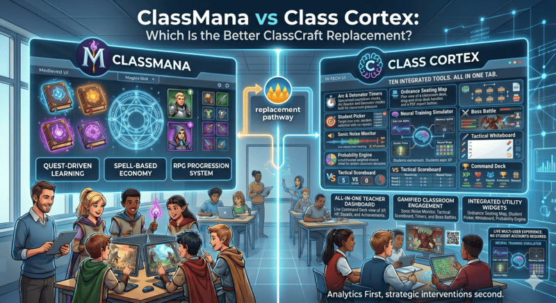ClassMana vs Class Cortex comparison showing features of both ClassCraft replacement tools for gamified classroom management