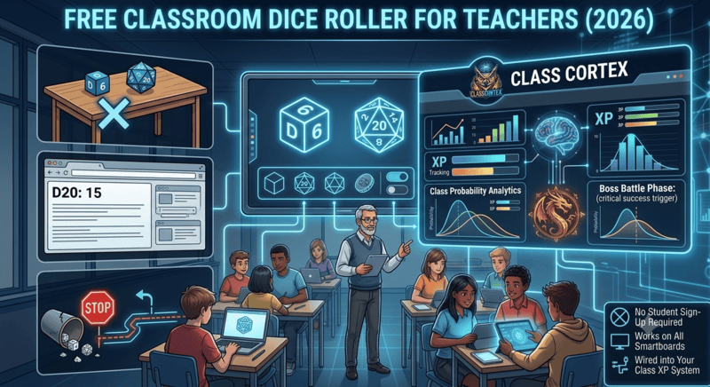 Free classroom dice roller showing D6, D20, custom sides, coin flip, advantage rolls and critical hit detection on a smartboard display