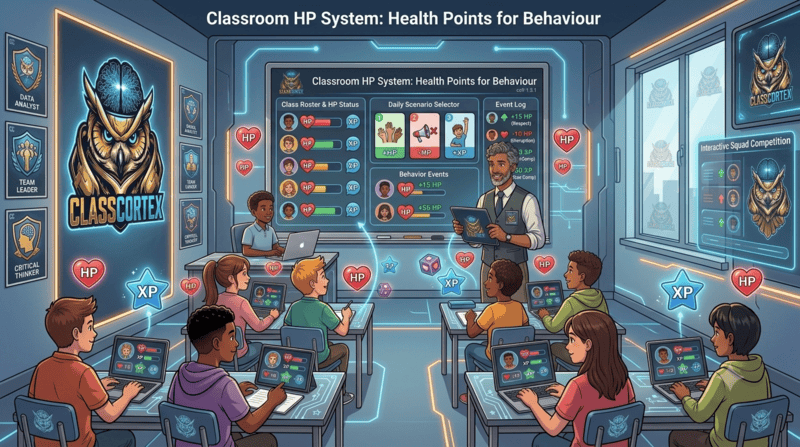 Classroom HP system showing health point bars per student on the Class Cortex Command Deck alongside XP for behaviour management without confrontation