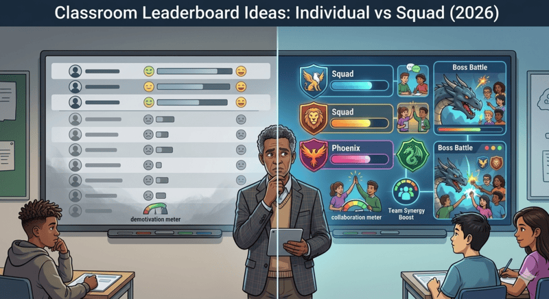 Classroom squad leaderboard displayed on a smartboard showing six team XP bars competing across a secondary school term