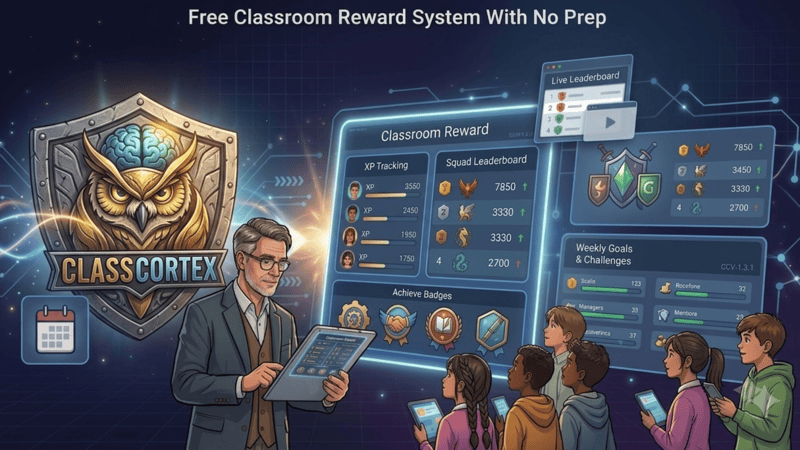 Free classroom reward system using Class Cortex XP leaderboard, squad competition, and CC-Achieve milestone badges with zero prep