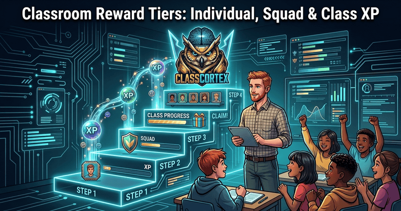 Classroom reward tiers diagram showing individual XP, squad XP and class XP connected in Class Cortex