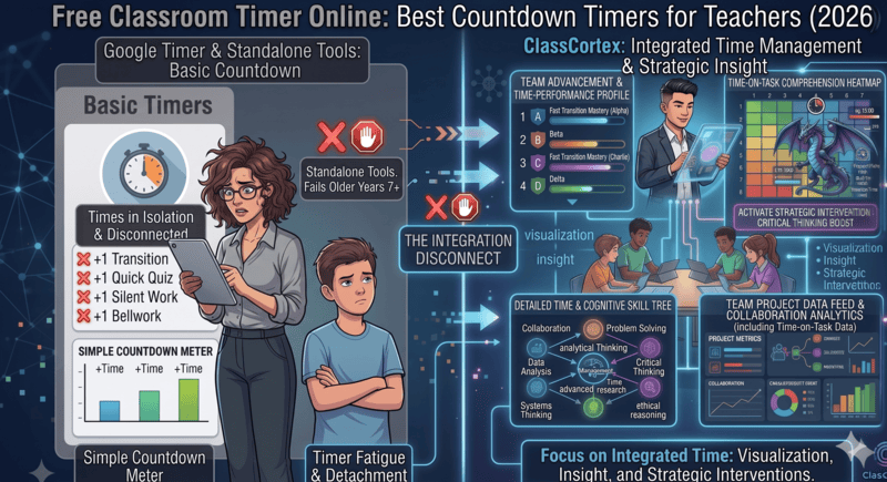 Free classroom countdown timer comparison for teachers showing Class Cortex Arc and Detonator timer modes on a smartboard