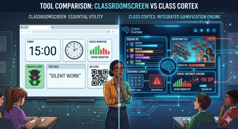 Side-by-side comparison of Class Cortex and Classroomscreen browser-based teacher dashboard tools for classroom management