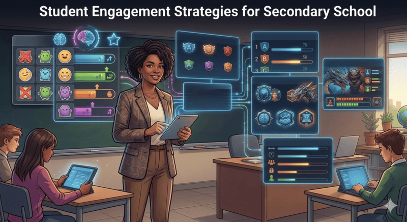 Secondary school classroom with gamified engagement system showing XP bars, squad leaderboards, and Boss Battle multiplayer on a smartboard