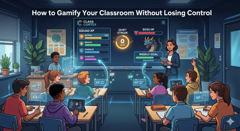 Teacher using a gamified classroom management system with XP tracking and Boss Battle mode displayed on a smartboard for student engagement