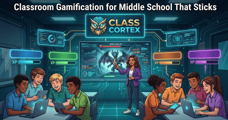 Middle school students in squads playing a classroom gamification Boss Battle with XP tracking
