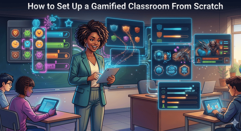 Step-by-step gamified classroom setup guide showing Class Cortex Command Deck with squad XP bars, noise monitor, and Boss Battle configuration