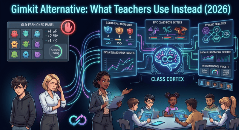 Comparison of Gimkit alternatives for secondary teachers showing persistent XP and classroom management tools that outlast the quiz session