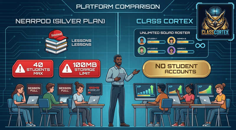 Nearpod alternative comparison showing Class Cortex features against Nearpod Silver Gold and Platinum plan limits
