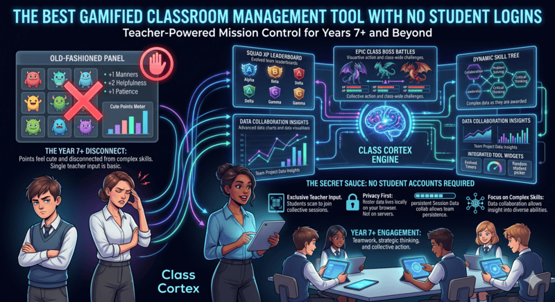 Gamified classroom management dashboard showing XP tracking, squad leaderboards, and Boss Battles with no student login required