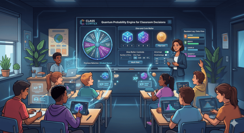 Free classroom probability tool comparison showing Class Cortex Quantum Probability Engine with D6 D20 coin flip advantage and disadvantage modifiers on teacher dashboard