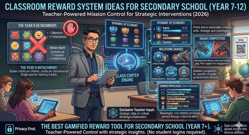 Classroom reward system ideas for secondary school showing XP economy, squad competition and milestone badges for Year 7 to Year 12 students