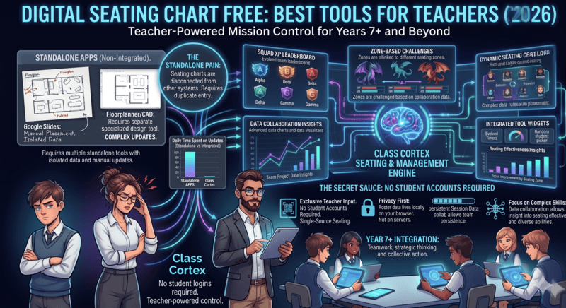 Comparison of the best free digital seating chart tools for teachers in 2026 including Class Cortex Ordnance Seating Map drag and drop interface