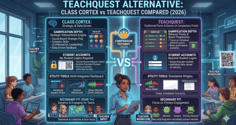 TeachQuest vs Class Cortex comparison for teachers in 2026 - gamification depth, student accounts, utility tools and secondary school fit