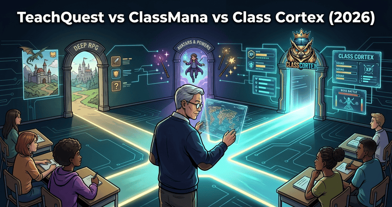 TeachQuest vs ClassMana vs Class Cortex comparison of gamified classroom management tools in 2026