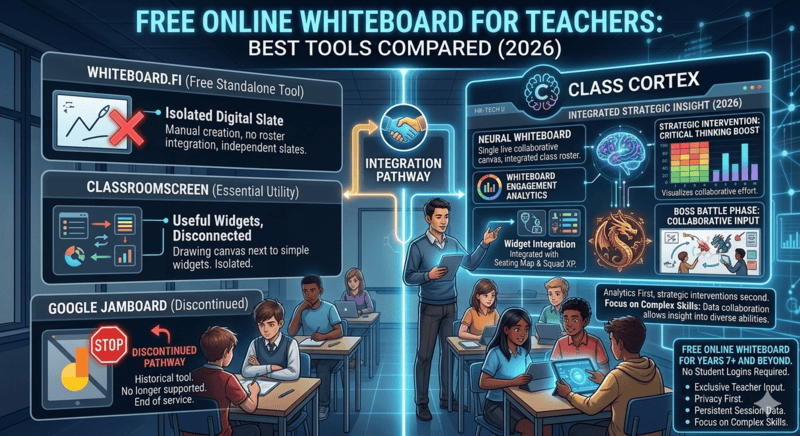Free online whiteboard for teachers comparison showing Class Cortex Tactical Whiteboard with pen tools, shapes, laser pointer and live Mission HUD overlay on a classroom smartboard