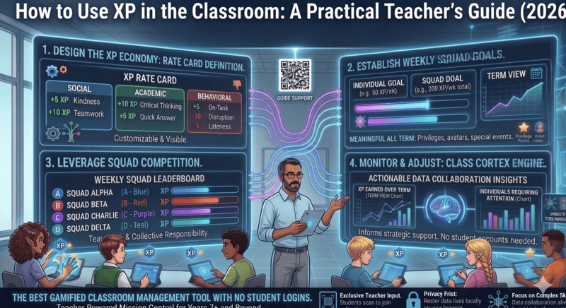 Classroom XP system guide showing how to use experience points for student engagement and behaviour management