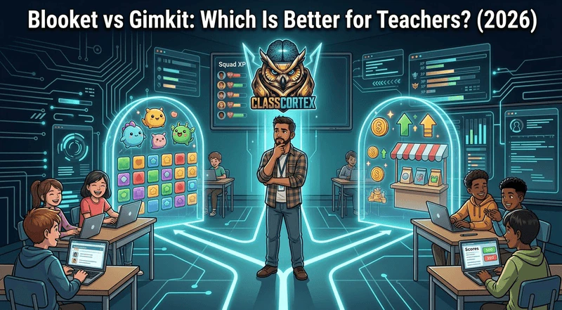 Blooket vs Gimkit comparison with a teacher choosing between a collectible game path, a strategy shop path and a squad XP path in a gamified classroom