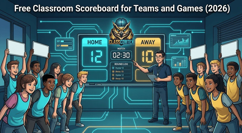 Free classroom scoreboard on a smart board showing HOME and AWAY team scores, a match clock and a round log during a two-team quiz