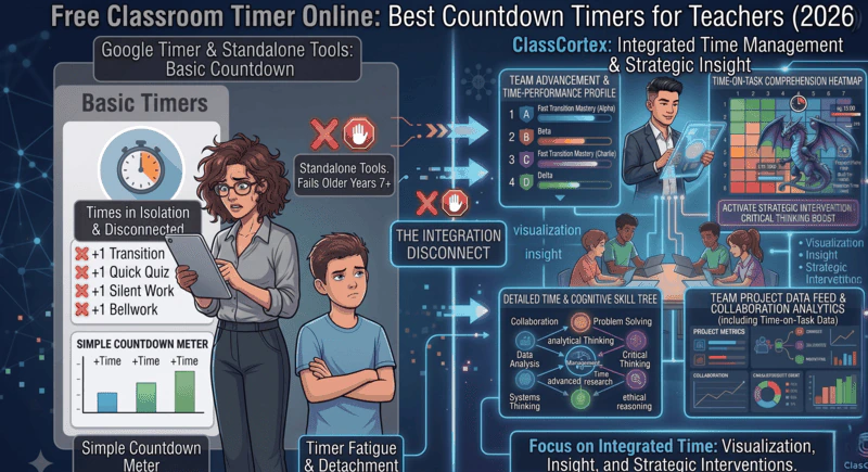Free classroom countdown timer comparison for teachers showing Class Cortex Arc and Detonator timer modes on a smartboard