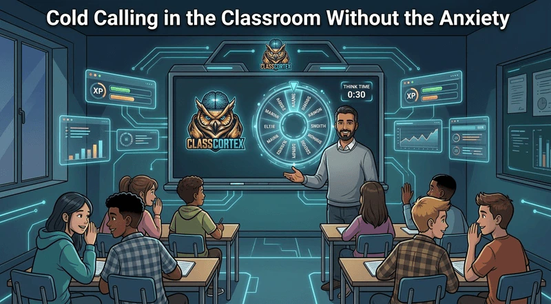 Teacher cold calling in the classroom with a random name picker and think time timer on screen while students talk in pairs