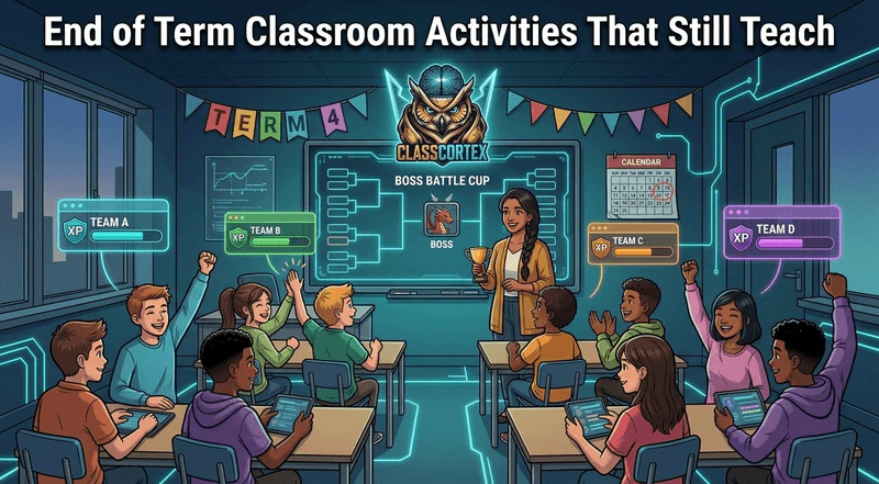 End of term classroom activities with a Boss Battle tournament bracket and squads cheering in a gamified secondary classroom