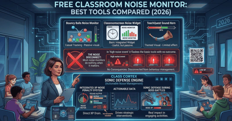 Free classroom noise monitor with alarm compared across Class Cortex, Bouncy Balls, Classroomscreen, Too Noisy and ClassDojo