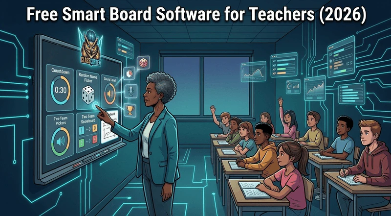 Teacher using free smart board software on an interactive panel with a classroom dashboard of timer, picker, noise meter and scoreboard tiles