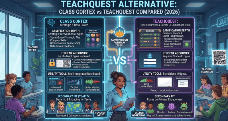TeachQuest vs Class Cortex comparison for teachers in 2026 - gamification depth, student accounts, utility tools and secondary school fit