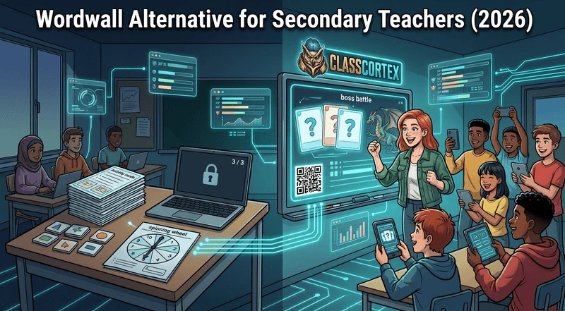 Wordwall alternative for secondary teachers showing paper activity cards on one side and a live Boss Battle quiz with students answering on devices on the other