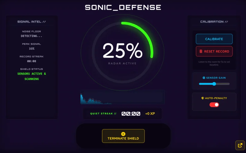 Class Cortex Sonic Defence noise monitor showing classroom decibel level with automatic XP penalty threshold