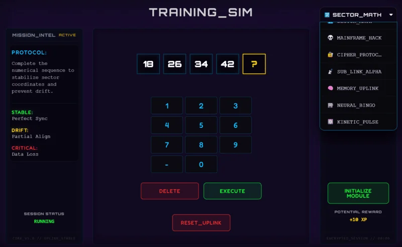 Class Cortex Training Sim showing 8 built-in classroom mini-games including typing speed and mental arithmetic challenges