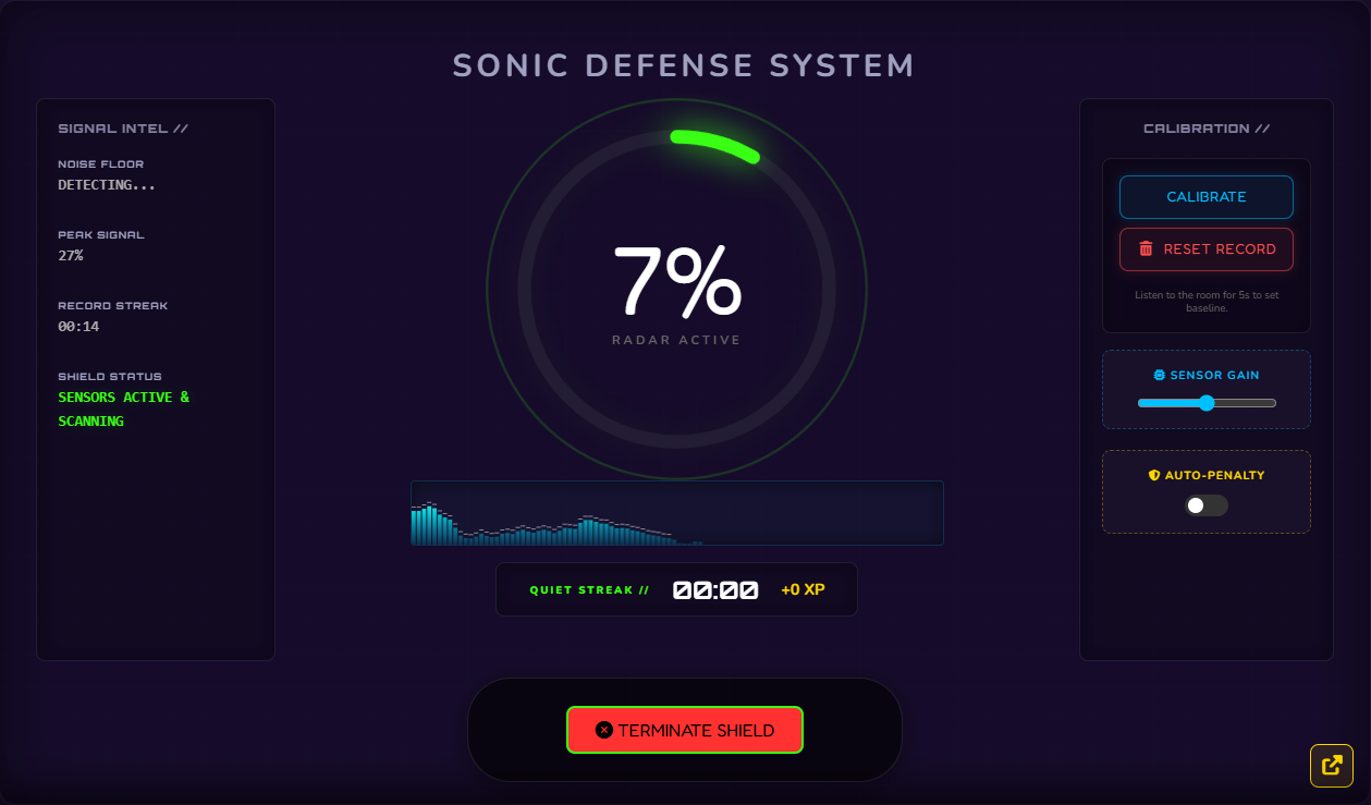 Class Cortex Sonic Defence noise monitor showing classroom decibel level with automatic XP penalty threshold