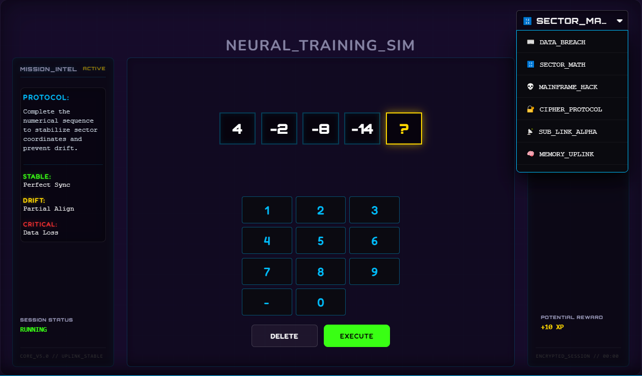 Class Cortex Neural Training Sim showing 8 built-in classroom mini-games including typing speed and mental arithmetic challenges
