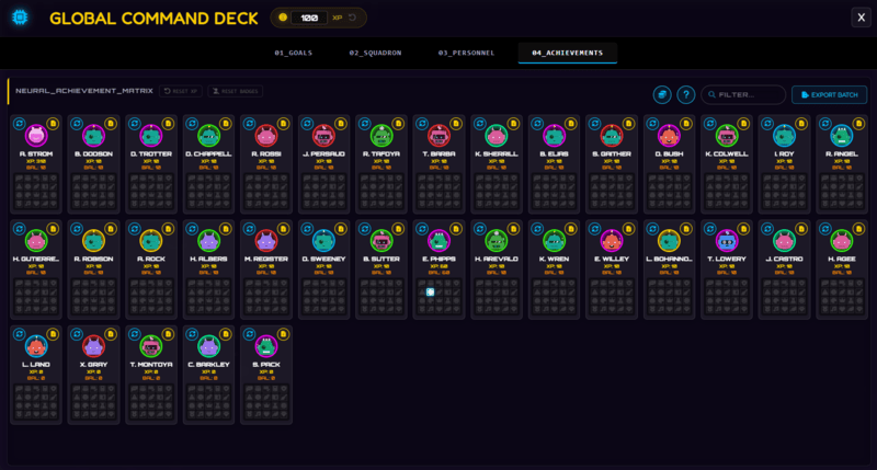 Class Cortex Command Deck Achievements tab showing CC-ACHIEVE badges