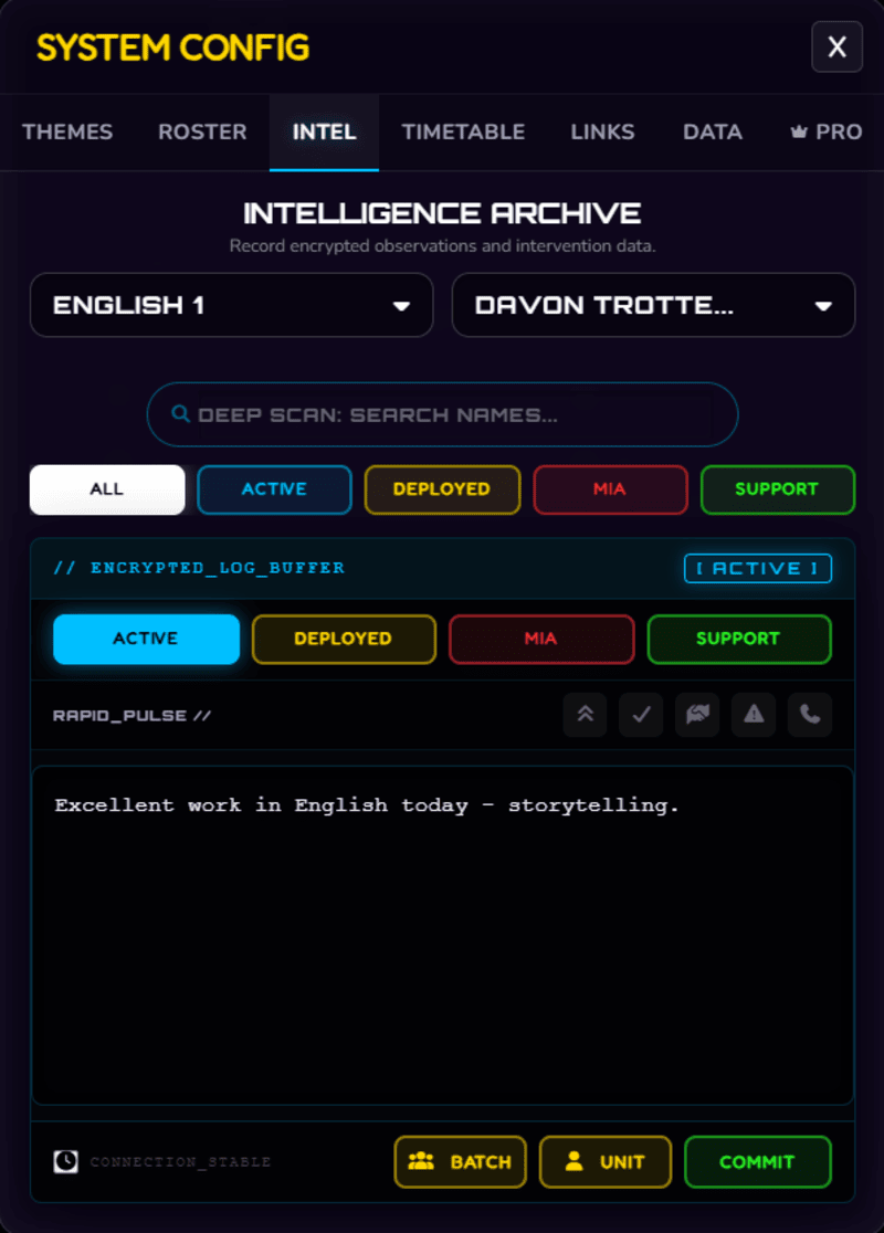 Class Cortex Intel Archive system settings screen