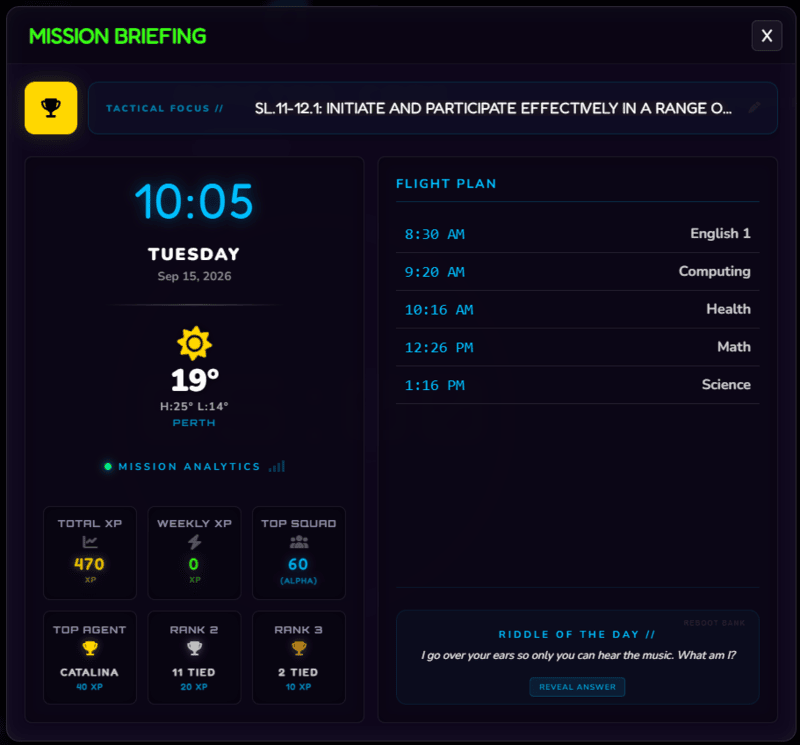 Class Cortex Mission Briefing navbar pill showing the live class countdown