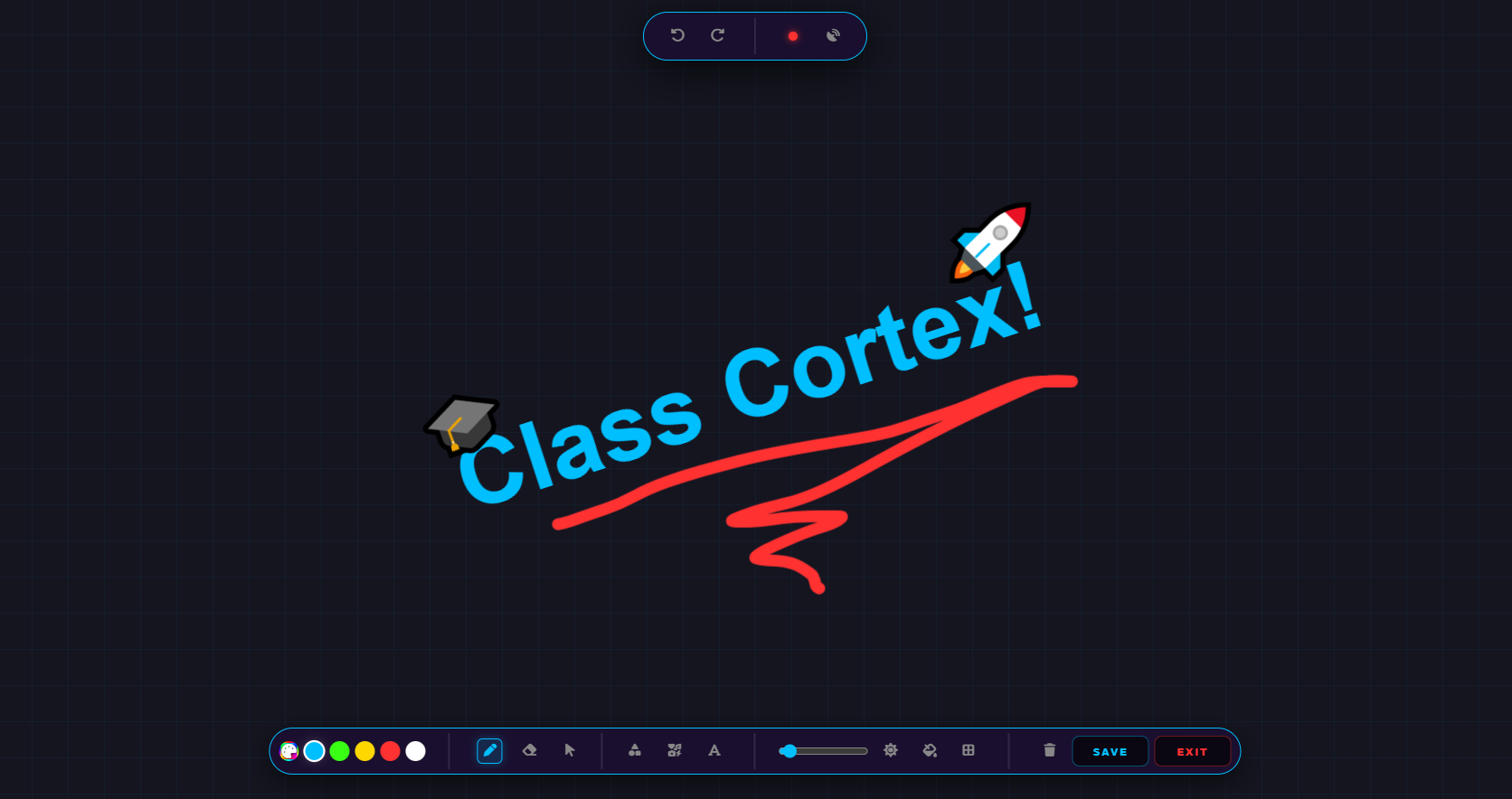 Class Cortex tactical whiteboard with pen, shapes, laser pointer and Mission HUD overlay showing class objectives